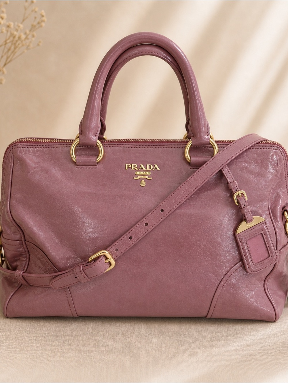 Prada Vitello Shine Leather Satchel Antique Pink Shoulder Handbag - Picture 4 of 15
